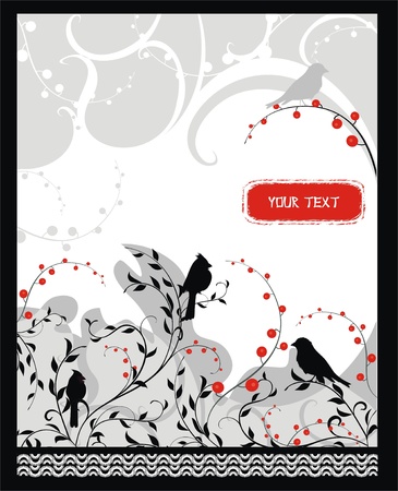 vector background with plants and birds in asian styleのイラスト素材