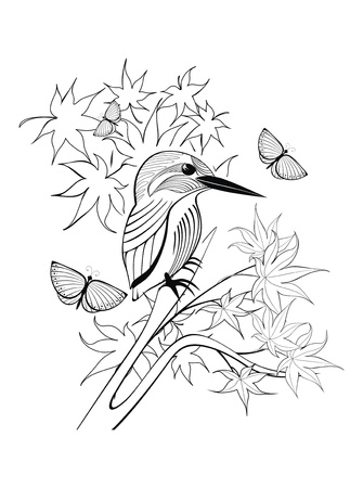 background with bird, butterflies and autumn leavesのイラスト素材