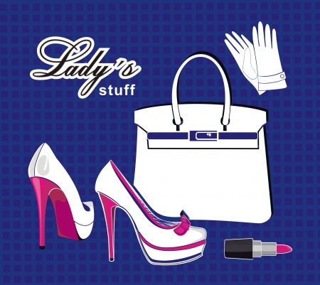 Fashion female shoes, bag, lipstick and gloves - vector drawingのイラスト素材