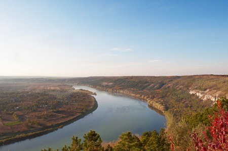 autumn landscape with the river Dniesterの写真素材