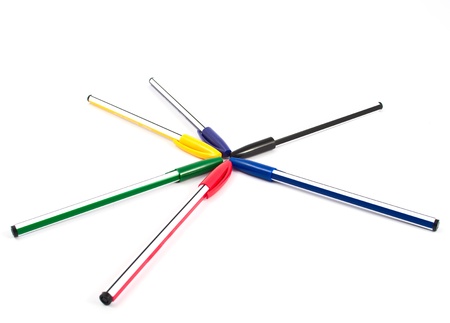 pens of different colors on a white backgroundの写真素材