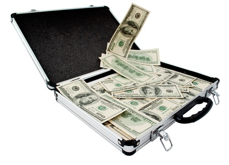 Silver case with dollars on a white backgroundの写真素材