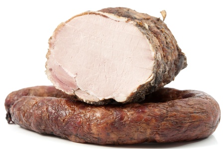smoked sausage and meat on a white background