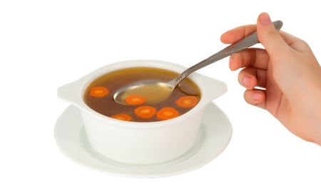 broth in a bowl isolated on white backgroundの写真素材