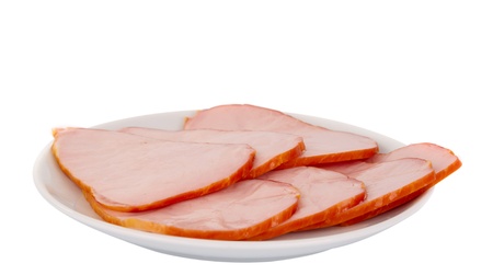 slices of ham on the plate on a white background