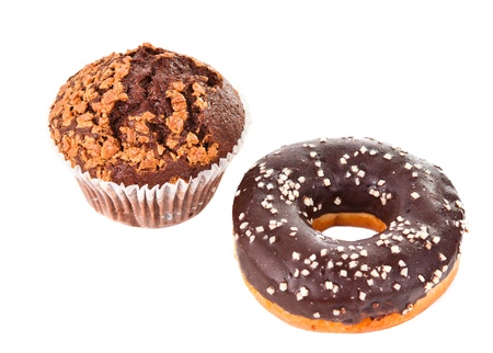 chocolate cake and donut isolated on white backgroundの写真素材