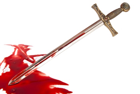 Knight's sword in the blood on white backgroundの写真素材