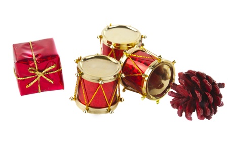 Christmas decoration, drums isolated on white background. Horizontal, landscape orientation.の写真素材