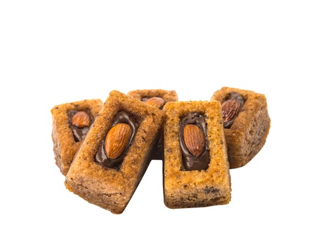 chocolate muffins with walnuts isolated on white backgroundの写真素材