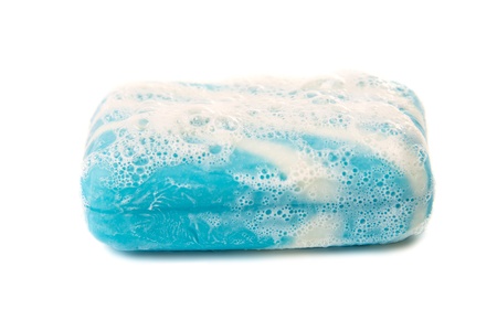 blue soap with foam on white backgroundの写真素材