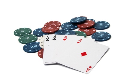 four aces with poker chips on white backgroundのeditorial素材