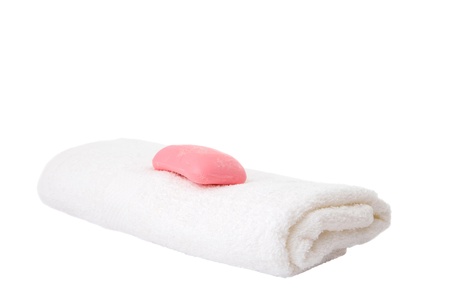 soap and towels on white backgroundの写真素材