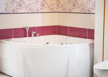 modern free standing ceramic bath tub with slim shower attachmentの写真素材