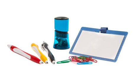 Blank ID card / badge and pen on a white background