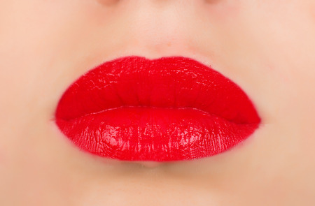 Bright Red Womans Lips Close Upの写真素材