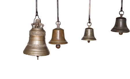 Old brass bell isolated on white backgroundの写真素材
