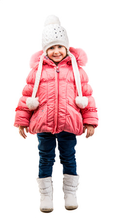 little girl in warm clothes isolated on white backgroundの写真素材