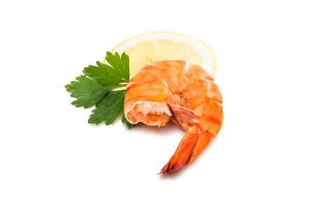 Tiger shrimps with lemon slice . Seafood.の写真素材