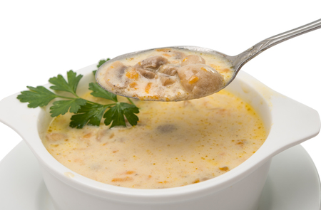 Mushroom soup in the plate on white backgroundの写真素材