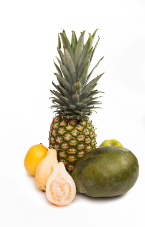 set of tropical fruit on a white backgroundの写真素材