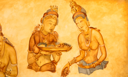 Ancient wall paintings of cloudy maidens at Sigiriya Lion's rock palaceのeditorial素材