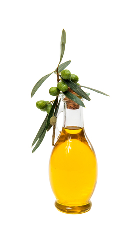 Olive oil with olive branch on a white backgroundの写真素材