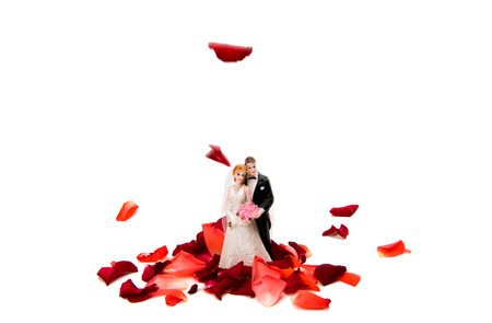 Falling rose petals with wedding statuette on white backgroundの写真素材