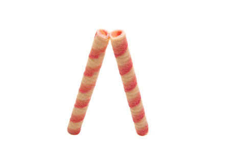 Strawberry waffle rolls on white backgroundの写真素材