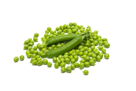 Green fresh peas isolated on white backgroundの写真素材