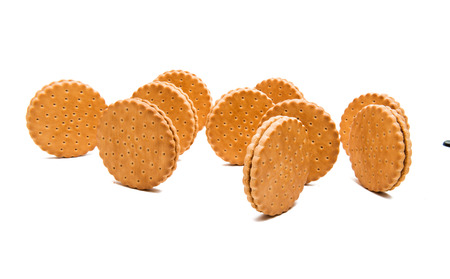 double biscuits with chocolate on white backgroundの写真素材