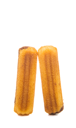 biscuit chocolate sticks isolated on white backgroundの写真素材