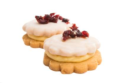 Christmas cookies sandwiches isolated on white backgroundの写真素材