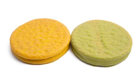 iced sandwich cookie isolated on white backgroundの写真素材