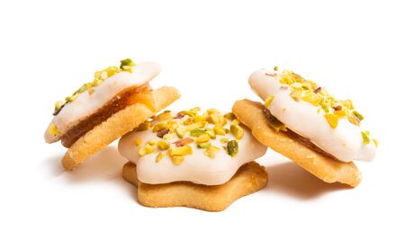 tasty christmas cookies on white backgroundの写真素材