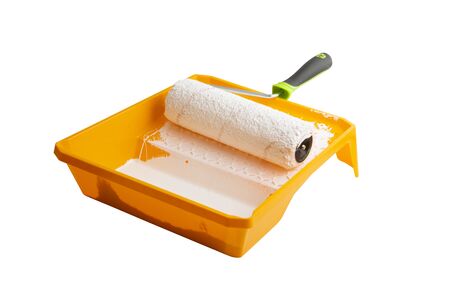 tray with paint roller isolated on white backgroundの写真素材