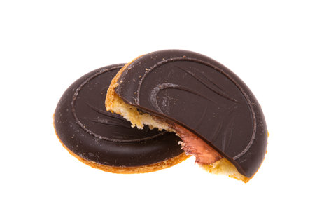 biscuit cookies in chocolate isolated on white backgroundの写真素材