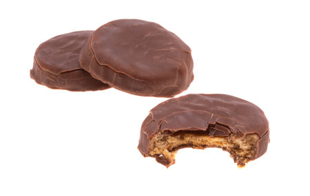 chocolate cookies with caramel isolated on white backgroundの写真素材