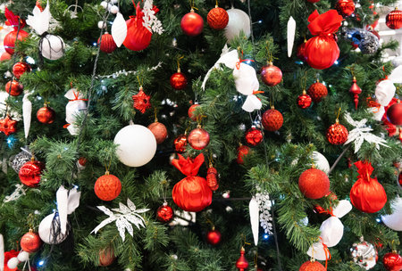 christmas background on christmas tree with christmas toysの写真素材