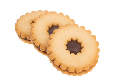 sandwich cookies with chocolate isolated on white backgroundの写真素材