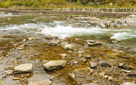 Landscape of a river in the Carpathians on a cloudy day