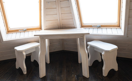 white table with stools near the window