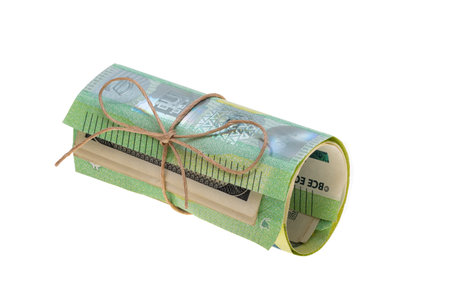 Euro banknotes isolated on white backgroundの写真素材