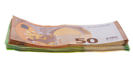 euro bills isolated on white backgroundの写真素材