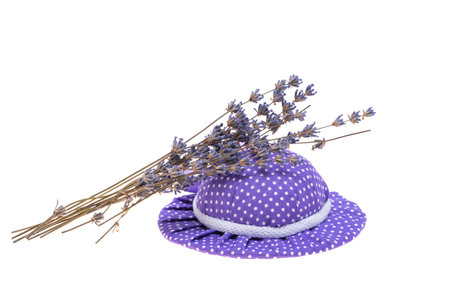 hat with lavender isolated on white backgroundの写真素材