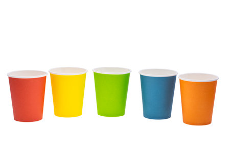 colored paper cups isolated on white backgroundの写真素材
