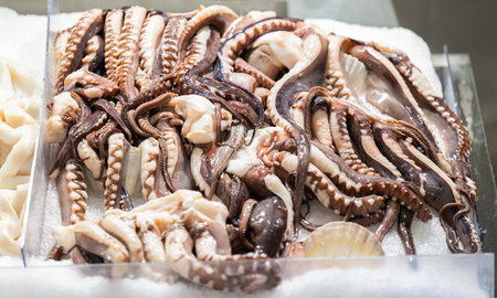 background of seafood in the storeの写真素材