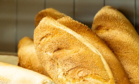 bakery products in a bakery on a shelf for saleの写真素材