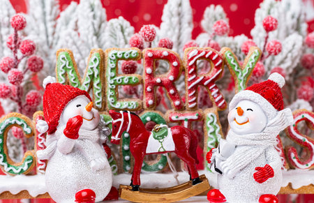beautiful Christmas decoration with fir branches and snowmen
