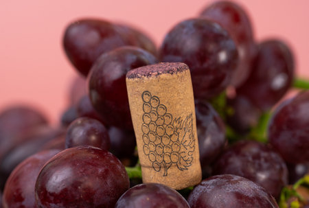 wine cork with bunches of grapes close-up