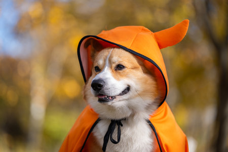 A close-up of a corgi in an autumn park dressed for Halloweenの写真素材